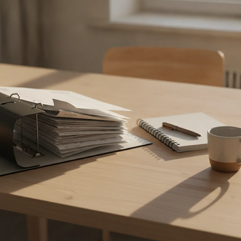Classeur à levier rempli de factures papier posé sur un bureau en bois, à côté d'un carnet et d'une tasse