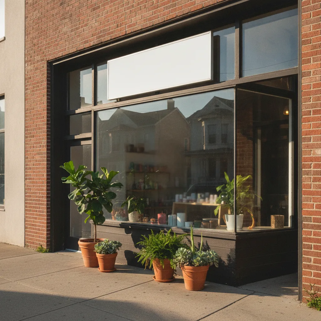 Devanture d'un petit commerce de quartier vue depuis le trottoir