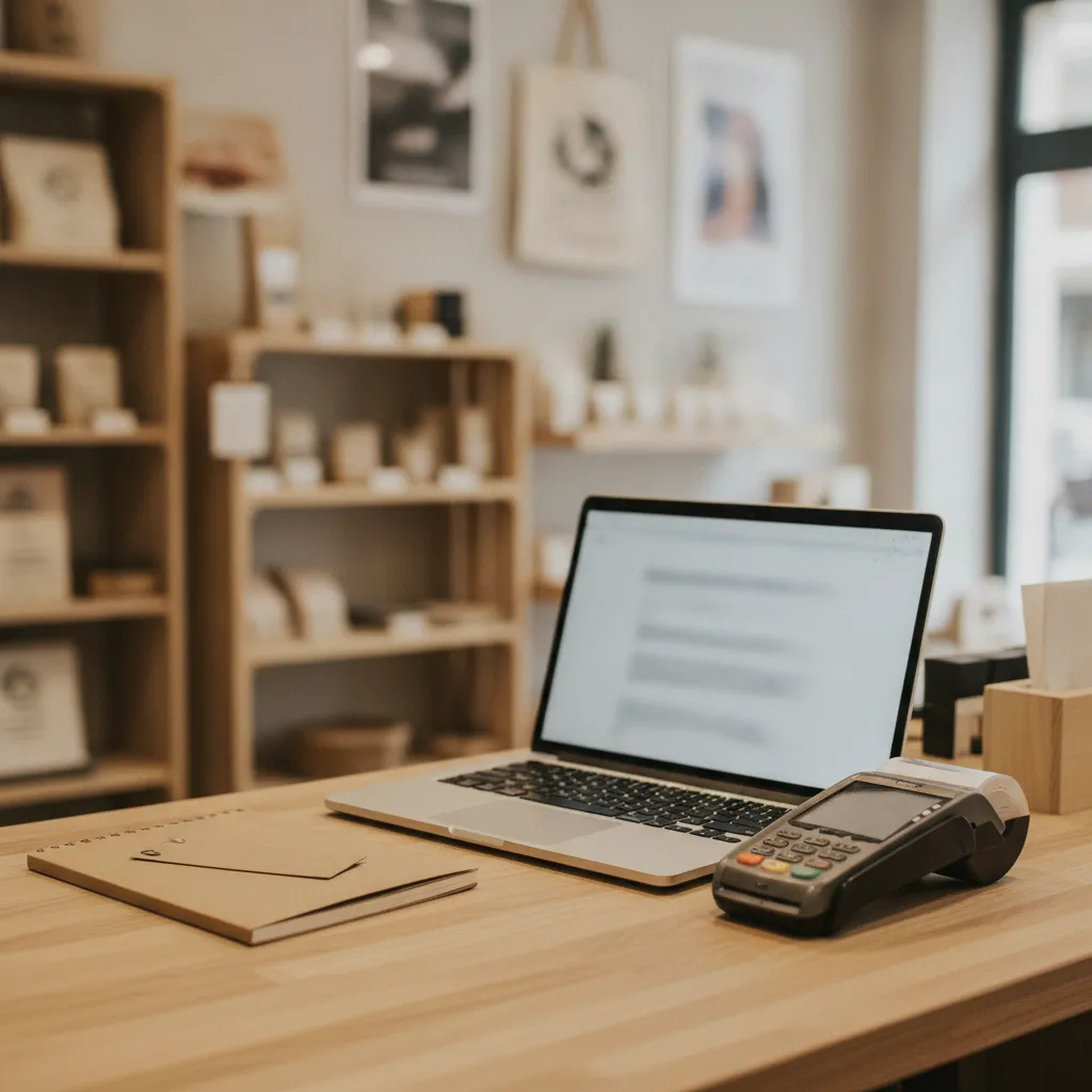 Ordinateur portable ouvert sur le comptoir en bois d'un petit commerce, à côté d'un carnet et d'un terminal de paiement
