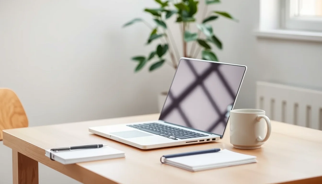 Ordinateur portable ouvert sur un bureau en bois clair, à côté d'un carnet et d'une tasse, dans un petit bureau lumineux