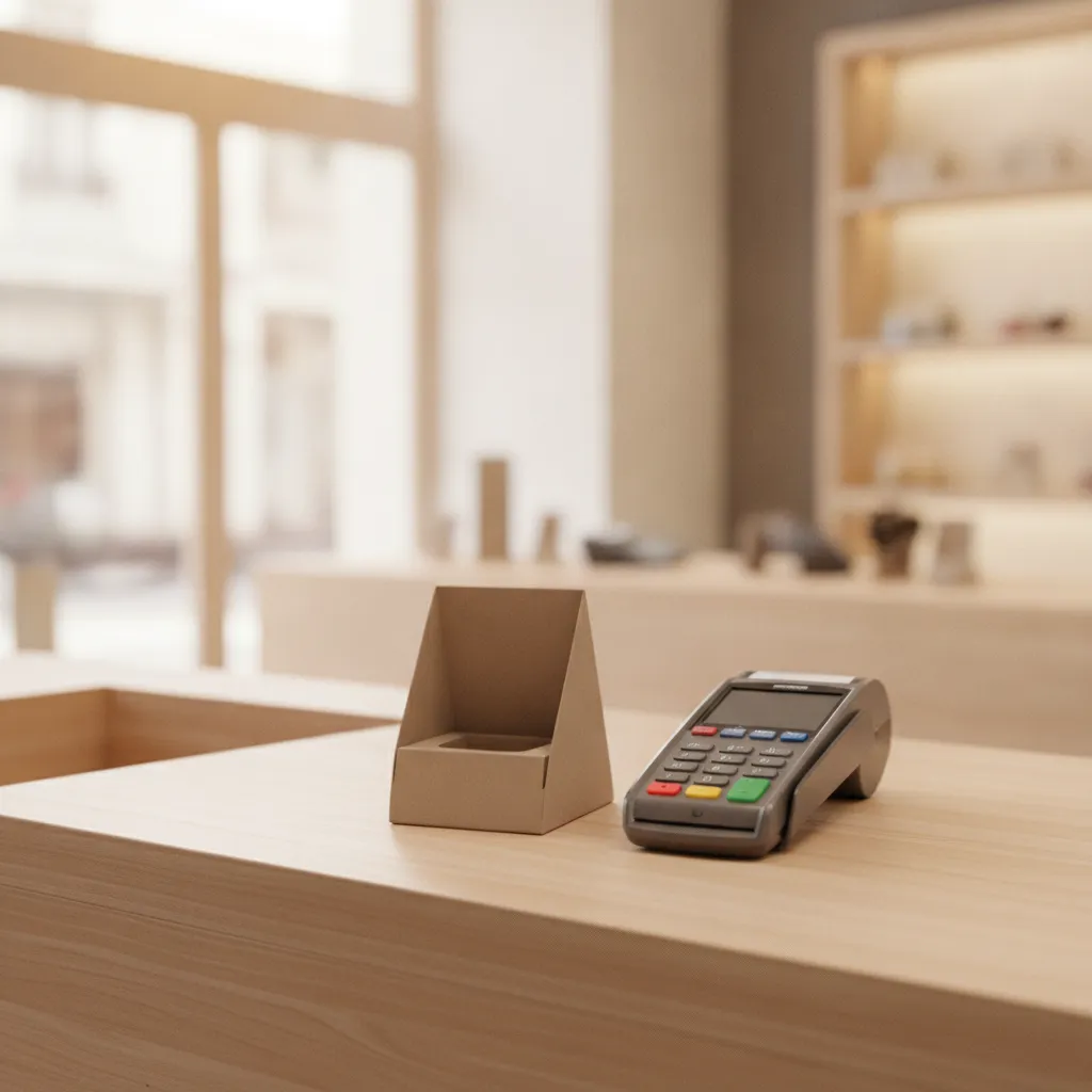 Comptoir de commerce avec un terminal de paiement et un présentoir