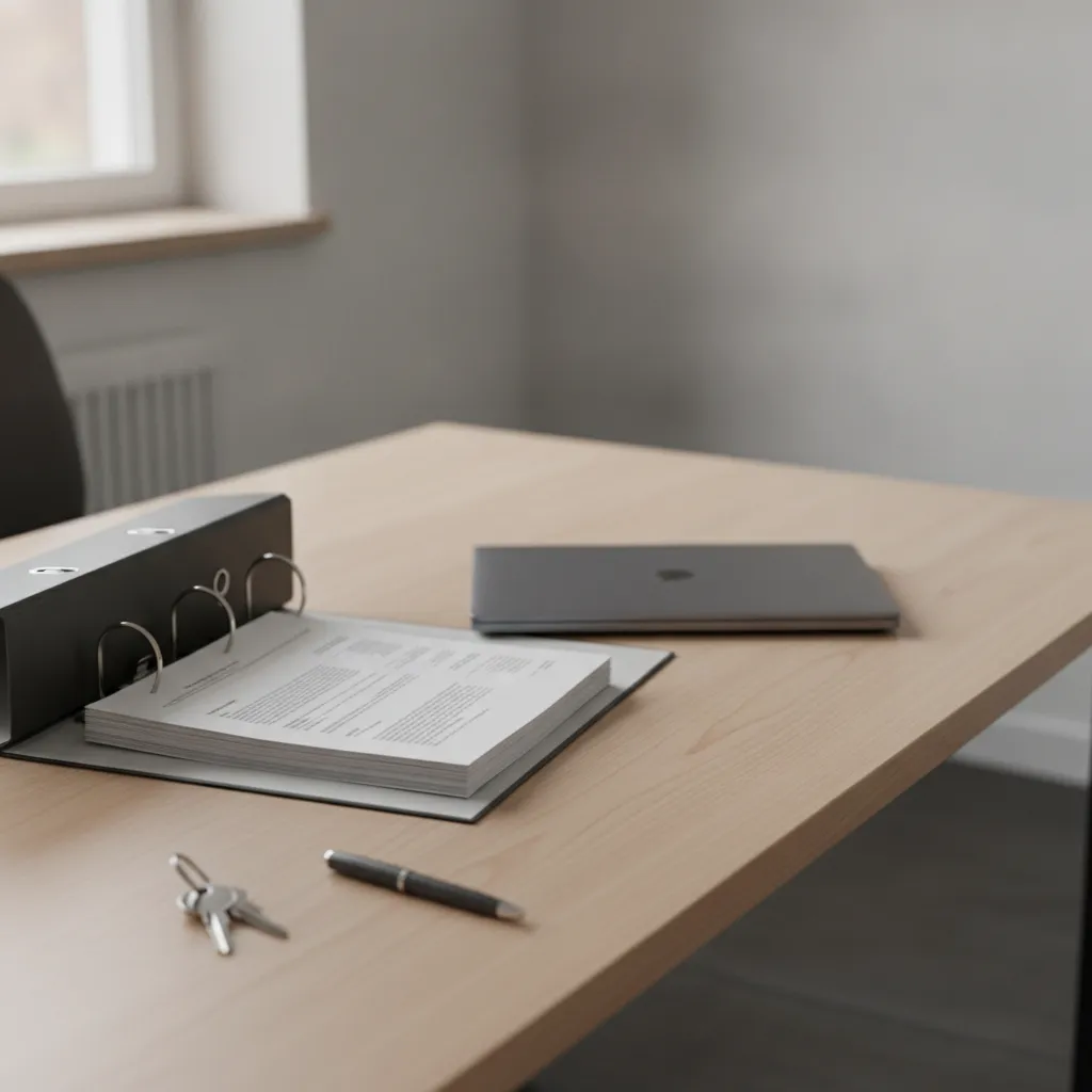 Classeur ouvert sur un bureau avec des factures imprimées, un ordinateur portable fermé et un trousseau de clés