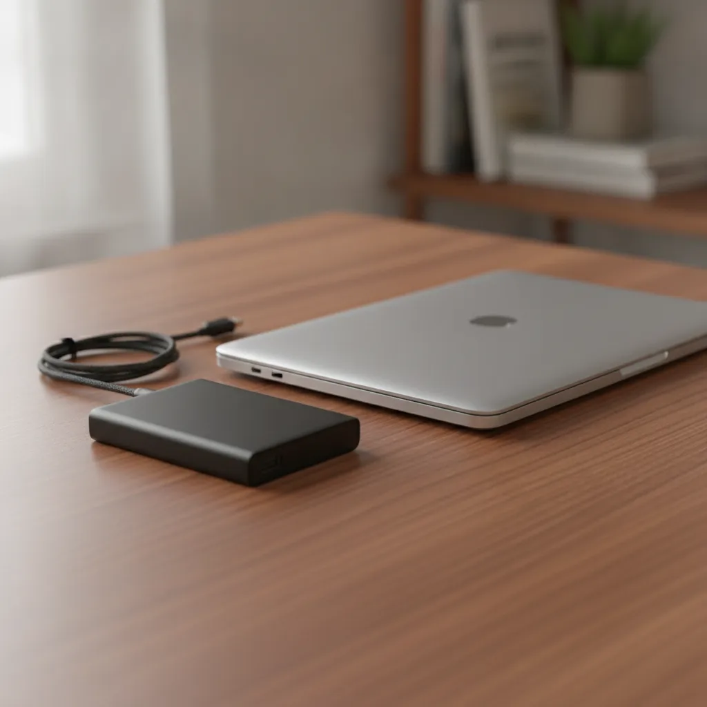 Disque dur externe posé à côté d'un ordinateur portable