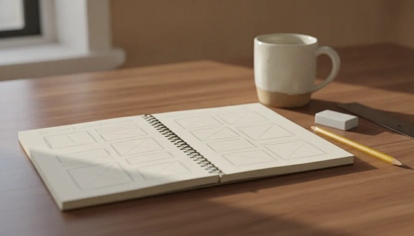 Carnet à spirale ouvert sur des croquis de mise en page au crayon, sur un bureau en bois avec une tasse, une gomme et un crayon