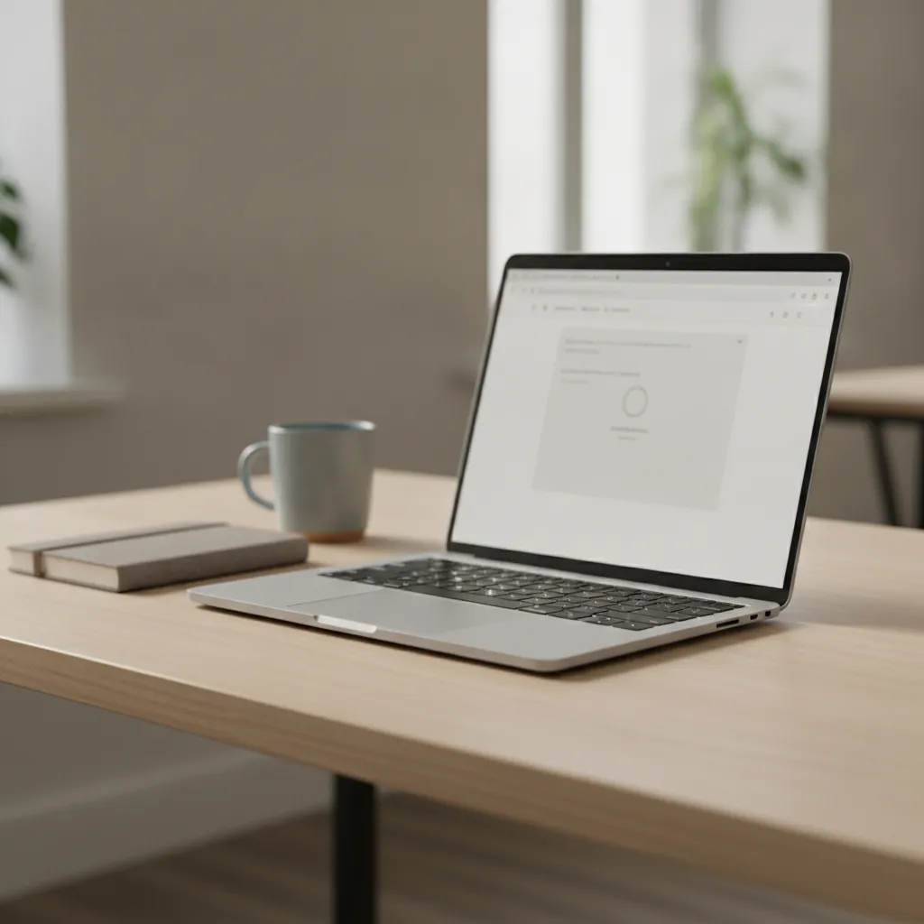 Ordinateur portable posé sur un bureau, écran affichant une page en cours de chargement