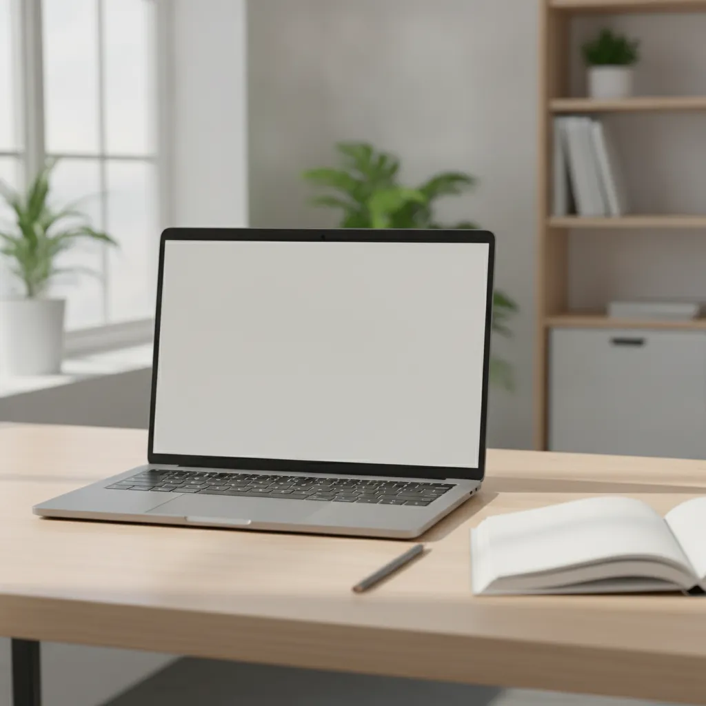 Ordinateur portable ouvert sur un bureau clair à côté d'un carnet